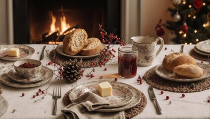 Festive Christmas Dinner Table Setting with Fireplace and Decorations.