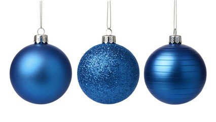 Three shiny blue christmas ornaments with different textures hanging on silver strings isolated on transparent background