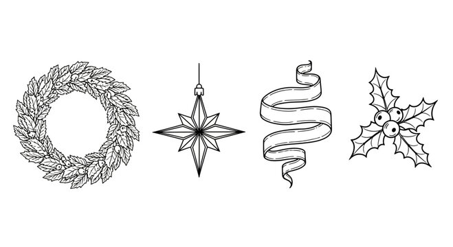 Elegant holiday line art elements for festive designs: star ornament, ribbon, wreath, and holly berries for a classic Christmas touch in your projects