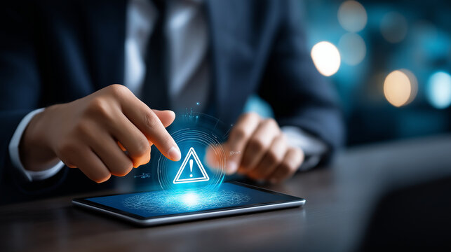 Faceless expert analyzing threat on interface, defocused critical warning, cybersecurity concept, data breach detection, urgent security alert, vulnerability analysis technology, w