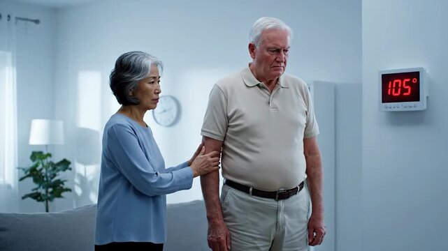 Worried senior couple looks at a wall thermometer showing heatwave