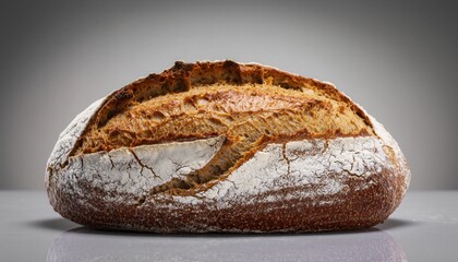 Closeup of Freshly Baked Rustic Artisan Bread Loaf with Golden Crusty Exterior Flour Dusted Surface Warm Lighting Shallow Depth of Field