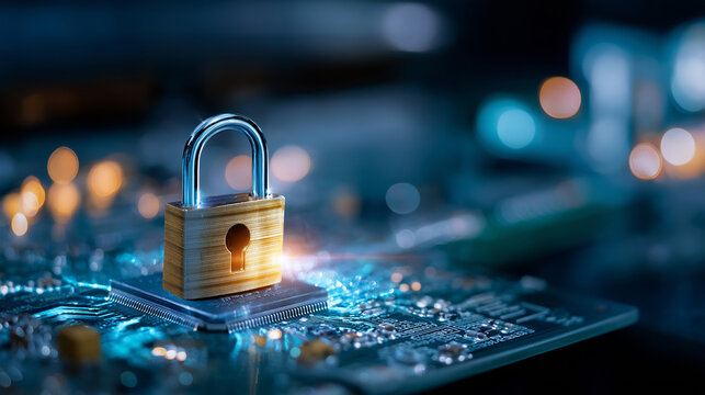 Digital padlock on circuit board closeup, defocused electronic background, cybersecurity symbol, data protection concept, hardware security technology, information safety visualiza