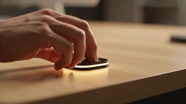 Hand using a remote control on a wooden surface or desk.