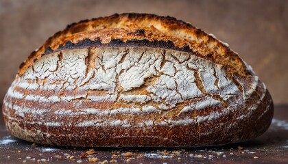 Closeup of Rustic Artisan Sourdough Bread Loaf with Golden Crispy Crust Flour Dusting and Scattered Crumbs on Wooden Surface