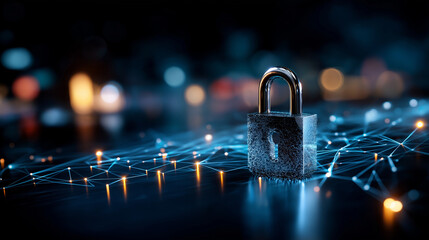 Cyber defense padlock in network center, defocused glowing connections, security system concept, futuristic technology visualization, data protection infrastructure, information sa