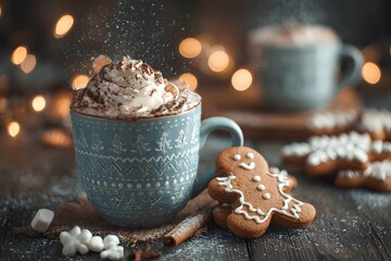 Warm festive hot chocolate close up in rustic holiday setting with cinnamon and cozy winter atmosphere seasonal comfort drink christmas gingerbread cookies and coffee