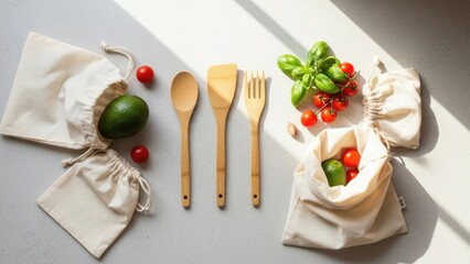 Eco-friendly kitchen essentials featuring fresh produce and reusable bags, showcasing sustainable living and healthy eating in bright, natural light