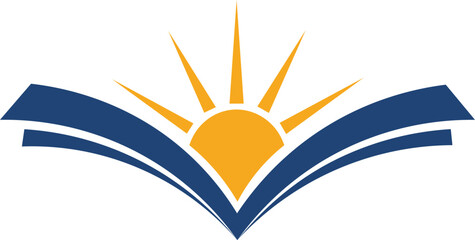 Open book with rising sun logo, symbolizing knowledge and education.
