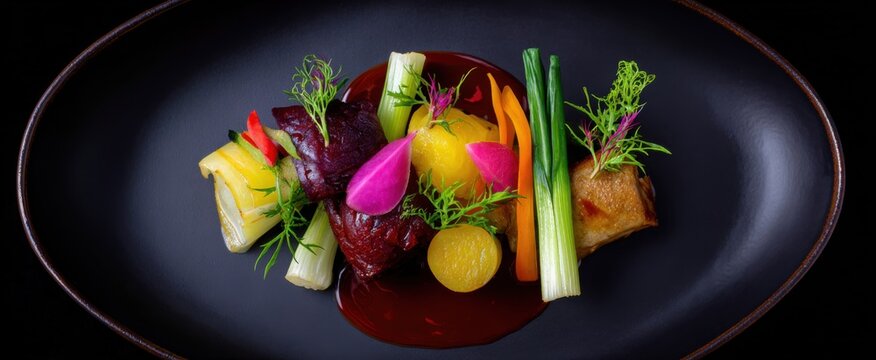 The exquisite fusion food dish blends classic flavors with innovative culinary methods.