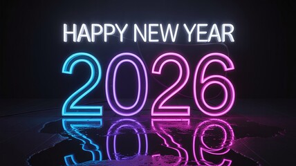 "Vibrant Neon Happy New Year 2026 Celebration Greeting Card Design"