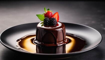 Elegant Gourmet Chocolate Ganache Cake with Fresh Blackberries Strawberries Mint Garnish and Chocolate Drizzle on Black Plate
