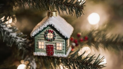 Charming House Ornament on Christmas Tree with Warm Lighting.