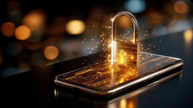 Smartphone with glowing padlock symbol, defocused digital background, cybersecurity awareness concept, data protection technology, online security visualization, mobile safety syst