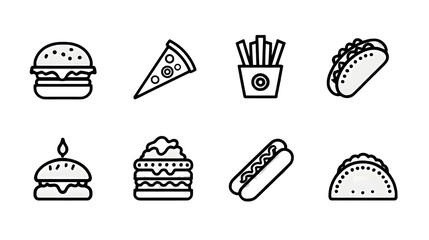 A set of minimal line art icons for popular fast food items  long title A collection of simple black and white line art icons representing various
