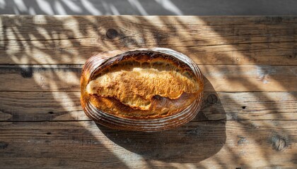 Freshly Baked Artisan Bread Loaf on Rustic Wooden Surface with Dappled Golden Sunlight Warm Tones Overhead View