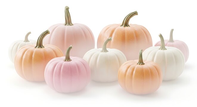 Pastel pink, white, and orange pumpkins for autumn and harvest season.
