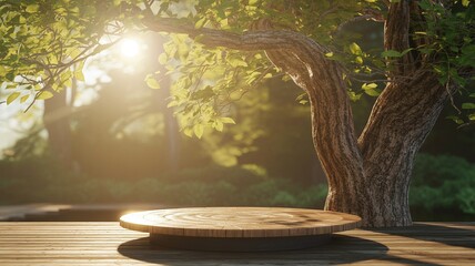 Serene Forest Glade: Sunlit Wooden Platform Under Ancient Tree Canopy