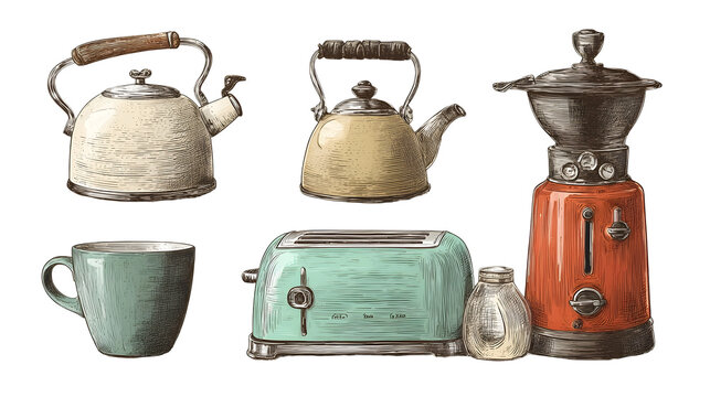 Charming retro kitchen appliances and utensils including kettles a toaster coffee grinder and mug depicted in a warm vintage illust n