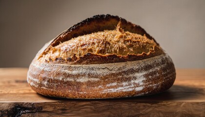 Freshly Baked Artisan Rustic Bread Loaf with Golden Blistered Crust Flour Dusted on Natural Wood Table Warm Lighting Closeup
