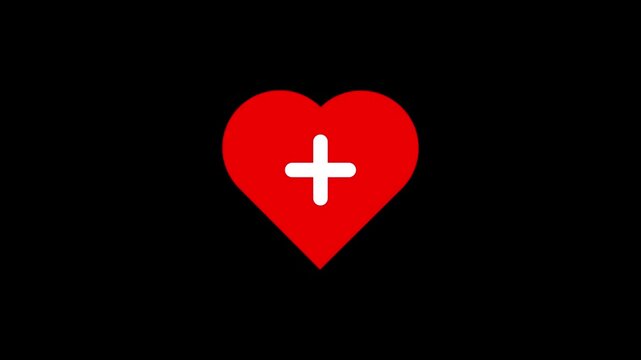 Red heart icon with plus sign animation on green screen, transparent background and white background