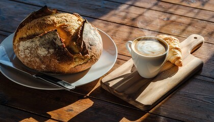 Freshly Baked Artisan Crusty Bread Loaf with Steaming Cappuccino Latte and Golden Flaky Croissant on Rustic Wooden Table in Warm Morning Sunlight