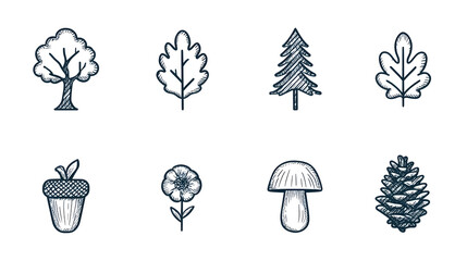 Minimalist line art icons of forest elements