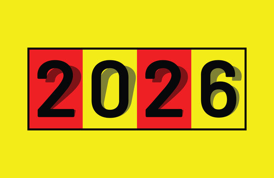 Red, yellow and black art Number 2026 in the yellow background, celebration new year 2026 greeting card