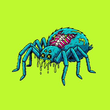 Cartoon Zombie Spider Monster Illustration on Neon Background