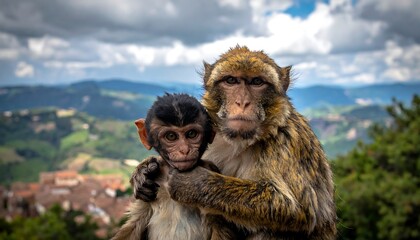Naklejka premium Two monkeys pose closely with mountain landscape in the distance, with green trees and houses below