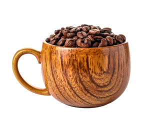 Coffee beans in wood cup drink caffeine aroma espresso roasted brown on transparent background