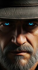 Intense close up of a grizzled man with bright blue eyes wearing a hat.