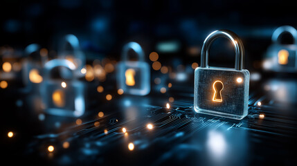 Digital information protection visualization, defocused security measures, cybersecurity concept, online safety technology, data defense system, information privacy infrastructure,