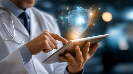 Faceless doctor using tablet for medical records, defocused health data shield, secure privacy concept, medical encryption technology, healthcare cybersecurity, digital patient saf