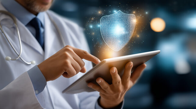 Faceless doctor using tablet for medical records, defocused health data shield, secure privacy concept, medical encryption technology, healthcare cybersecurity, digital patient saf