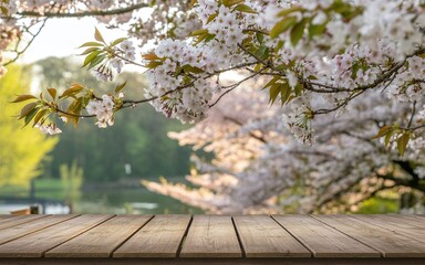 wooden table, cherry blossoms, nature, spring, flowers, outdoor, serene