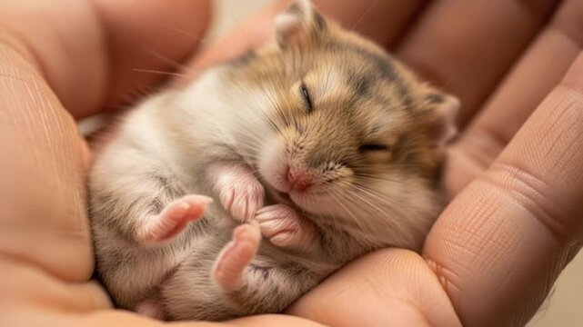 手のひらで包まれスヤスヤ眠るハムスター