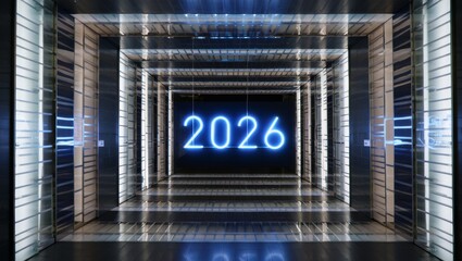 Looking ahead to 2026 with vibrant neon lights in a modern hallway, perfect for future planning, tech innovation, and forward-thinking concepts