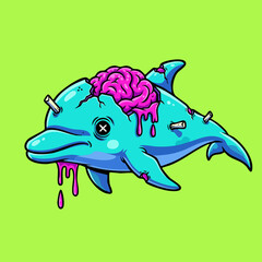 Fototapeta premium Undead Zombie Dolphin Character Illustration with Exposed Brain