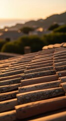 Warm sunlight shines on aged terracotta roof tiles creating a rustic texture.