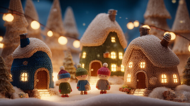 small houses, snowy landscape, gray skies, brown rooftops, serene winter scene, soft lighting, tranquil atmosphere, - Powered by Adobe