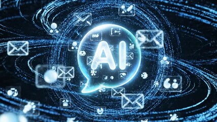 AI Speech Bubble Surrounded by Email Icons and Swirling Digital Network Particles artificial intelligence. - Powered by Adobe