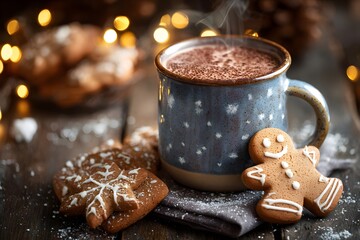 Cozy winter beverage hot chocolate served in vintage mug on wooden surface with holiday decorations and warm glow festive scene christmas gingerbread cookies and coffee