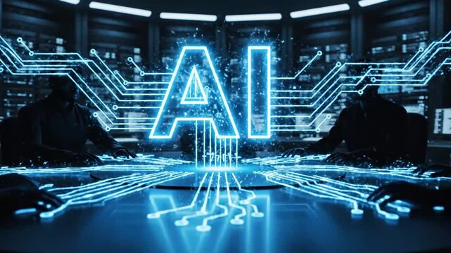 AI concept with glowing neon sign over a round table meeting artificial intelligence.