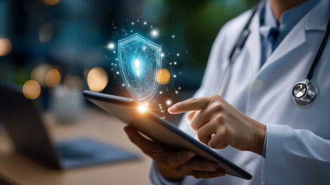 Faceless doctor using tablet for medical records, defocused health data shield, secure privacy concept, medical encryption technology, healthcare cybersecurity, digital patient saf