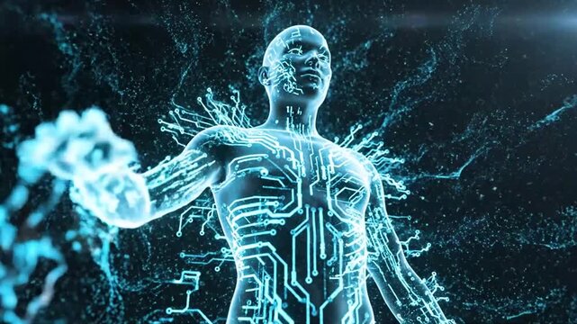 Cyan Digital Human Form with Circuitry Patterns and Outward Energy Bursts body anatomy.