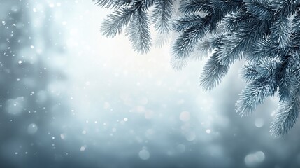 Serene winter scene with white snowy landscape background, blurred light blue and white tones, and hanging frosted pine branches. Calm, wintry nature setting capturing peaceful cold-season beauty.