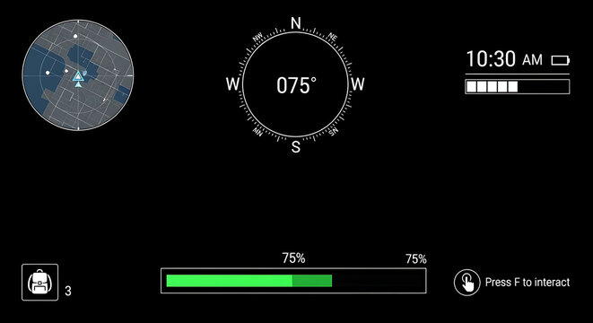 Game ui interface hud compass map battery time progress indicator navigation direction black background