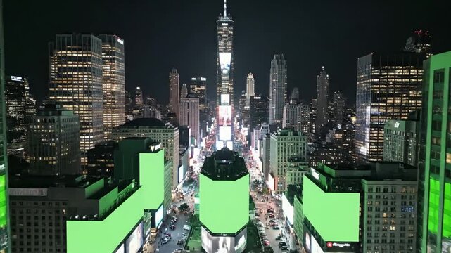 Urban Grandeur with new york city night aerial landscape manhattan skyscrapers and crowded times square tourist landmark cinematic drone view green screen mock up billboards commercials neon lights
