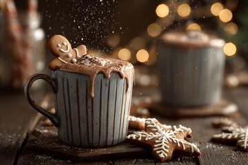 Atmospheric close up of steaming hot chocolate with marshmallows and rustic background evoking winter holiday warmth and comfort coffee and chocolate